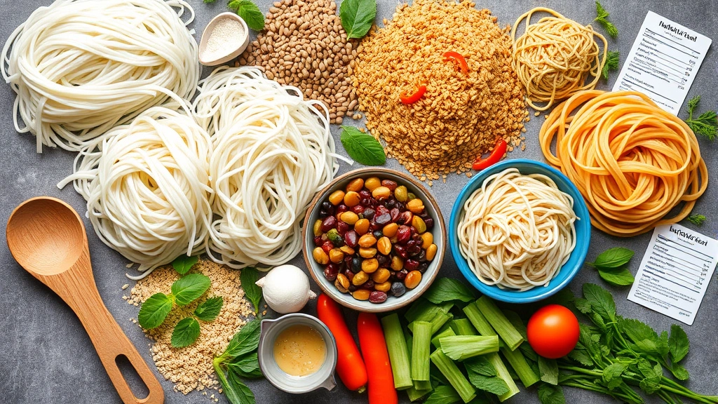 Overhead flat lay of diverse rice noodle types and ingredients: white rice noodles, whole grain varieties, legume-based pasta, fresh vegetables, measuring tools, nutrition information cards