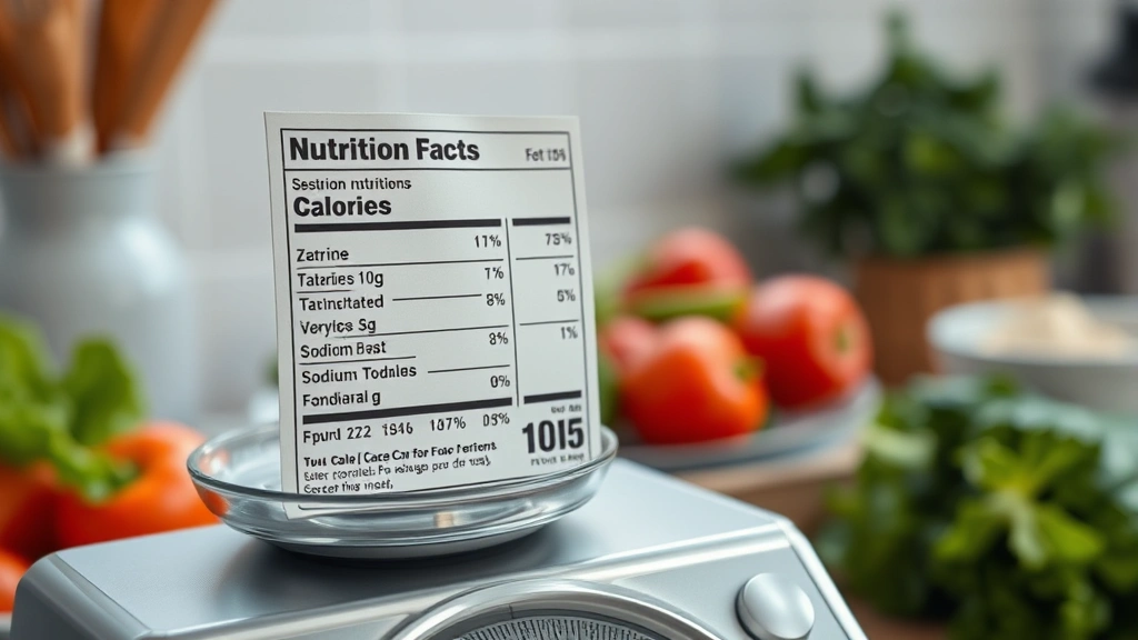 Nutrition label close-up showing calorie information, macronutrients, and sodium content displayed on professional kitchen scale with fresh vegetables blurred in background, natural daylight, dietitian workspace aesthetic