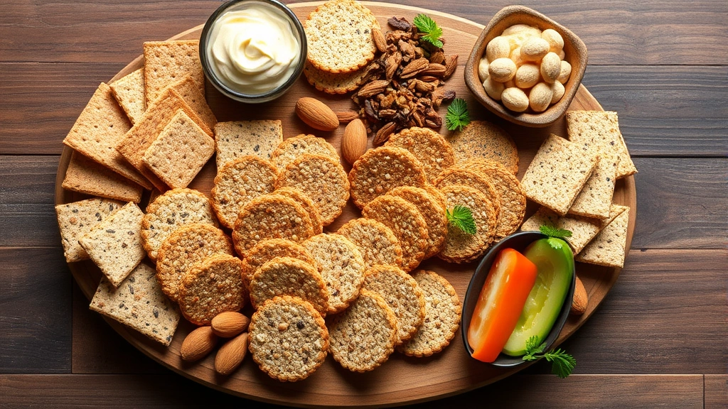 Diverse assortment of whole grain and seed-based crackers arranged on wooden board with almonds, hummus, and fresh vegetables, professional food photography styling, clean minimalist composition