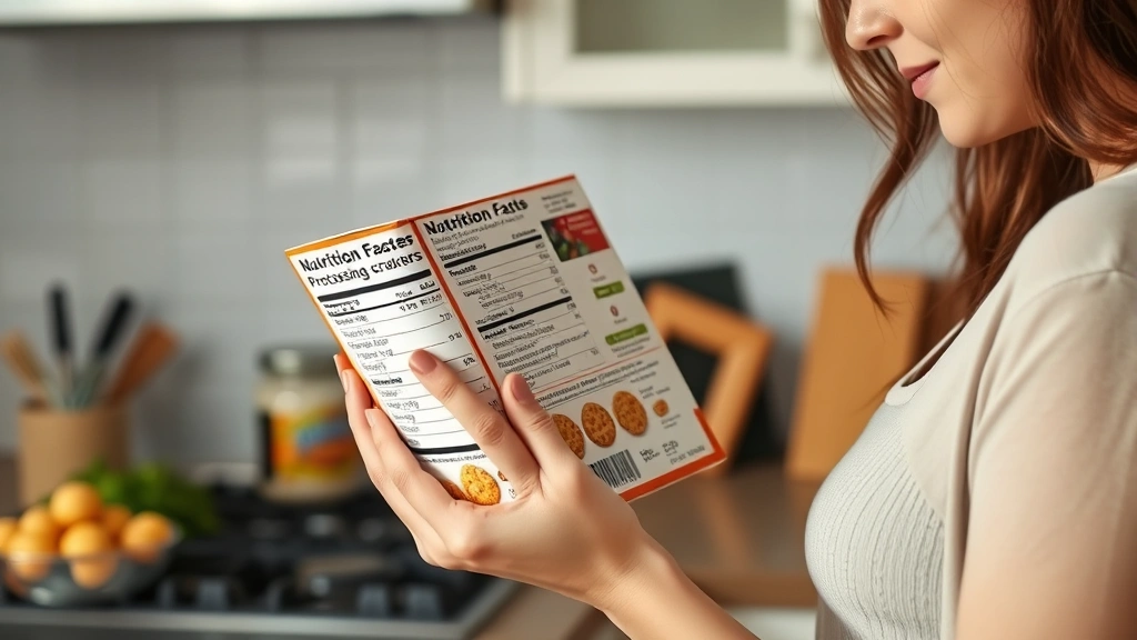 Woman in kitchen reading nutrition label carefully while holding box of processed crackers, other whole grain alternatives visible on counter, natural lighting, realistic dietary decision-making moment