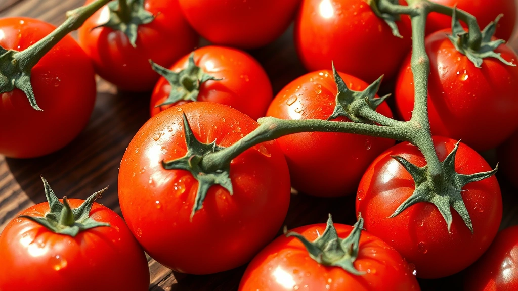 Close-up of vibrant red roma tomatoes arranged on a rustic wooden surface with water droplets glistening under natural sunlight, emphasizing fresh produce quality and nutrient-rich appearance