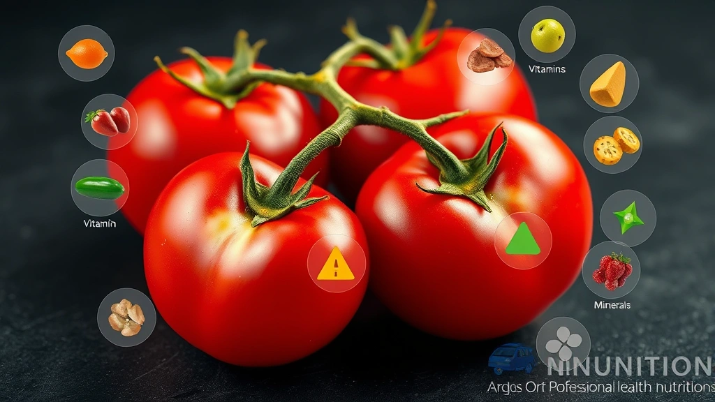 Professional nutrition analysis visualization showing roma tomatoes with nutrient composition icons floating around them, representing vitamins, minerals, and antioxidants in a modern digital health context