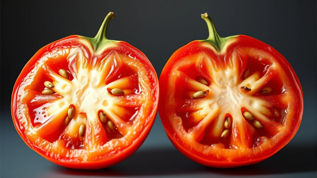 Split-screen showing fresh roman tomato halves revealing inner flesh and seeds, bright studio lighting highlighting the dense structure and texture, photorealistic detail