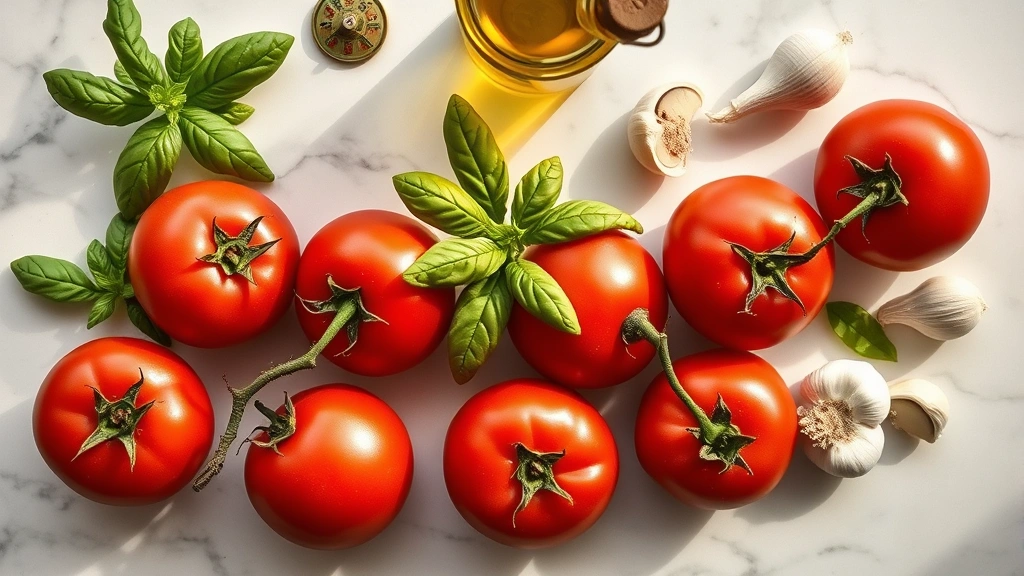 Overhead flat-lay composition of whole roman tomatoes arranged with fresh basil, olive oil bottle, and garlic cloves on marble countertop, warm natural light, no packaging or text visible