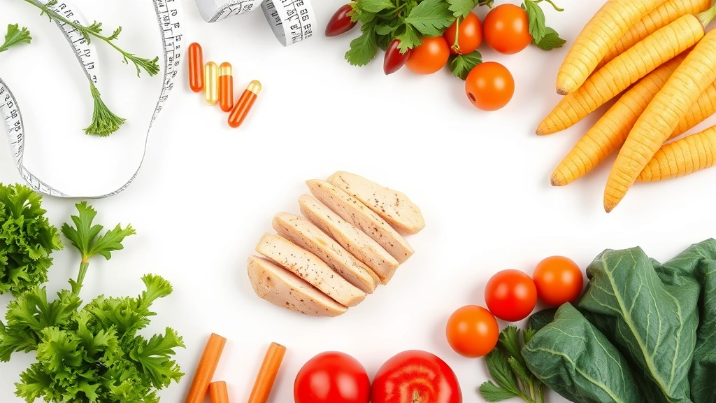 Overhead flat-lay composition of cooked chicken breast slices, nutritional supplement pills, measuring tape, and fresh vegetables on a clean white surface, bright natural lighting, minimalist style