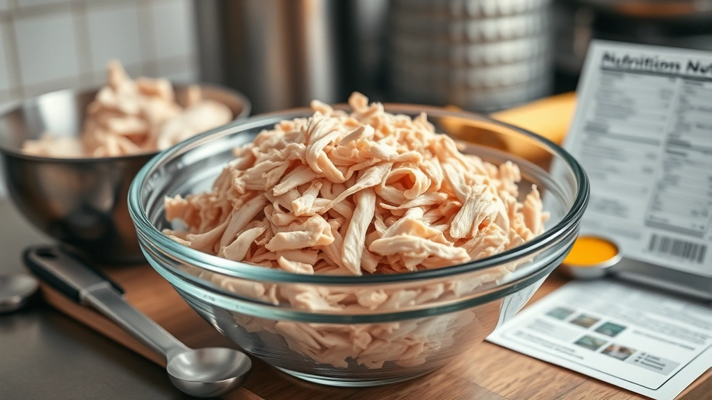Close-up detailed shot of shredded rotisserie chicken meat in a glass bowl with measuring spoons and nutritional reference cards nearby, professional kitchen setting, warm daylight