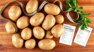 Overhead flat-lay composition of fresh russet potatoes with skin texture visible, arranged with measuring tape and nutrition fact cards on wooden table, warm natural lighting, no text visible, emphasizing wholesome food photography