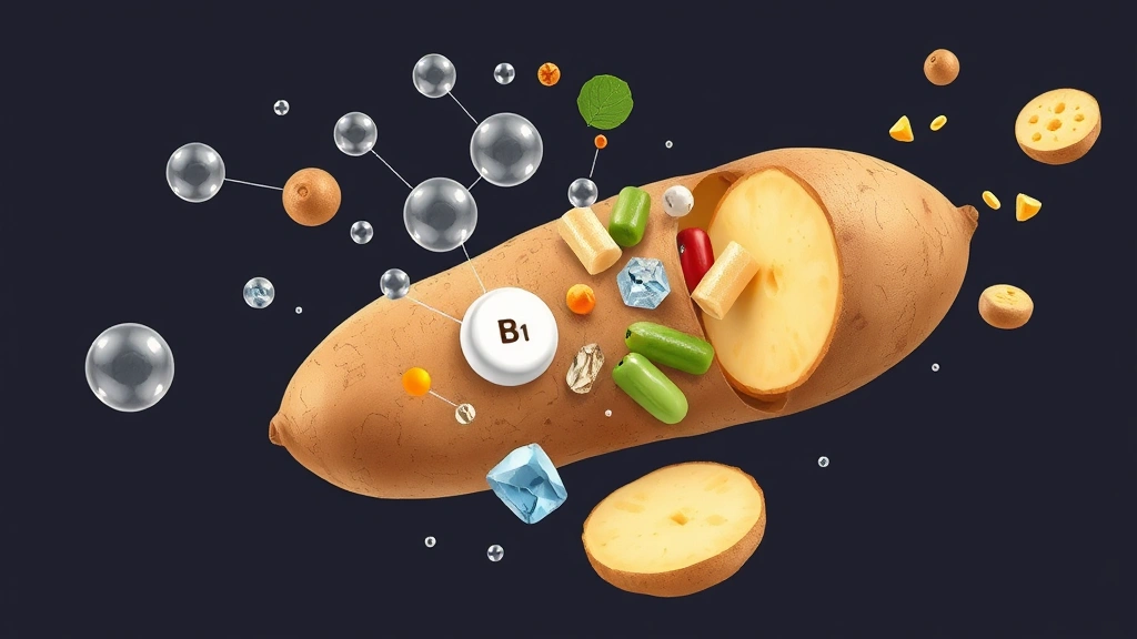 Digital illustration of nutrient molecules and minerals flowing from cross-sectioned russet potato, showing potassium ions, B vitamins, and fiber representations in abstract scientific visualization style, clean modern aesthetic