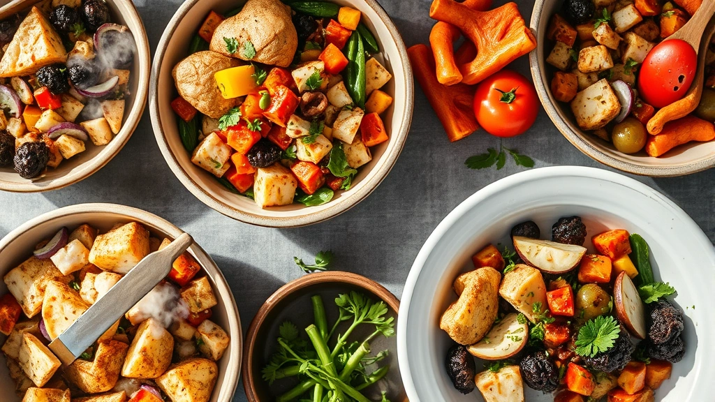 Lifestyle photograph of diverse meal preparation bowls featuring baked russet potatoes with colorful vegetables, lean proteins, and herbs, steam rising from warm bowls, shot from above with natural daylight, inviting healthy eating atmosphere