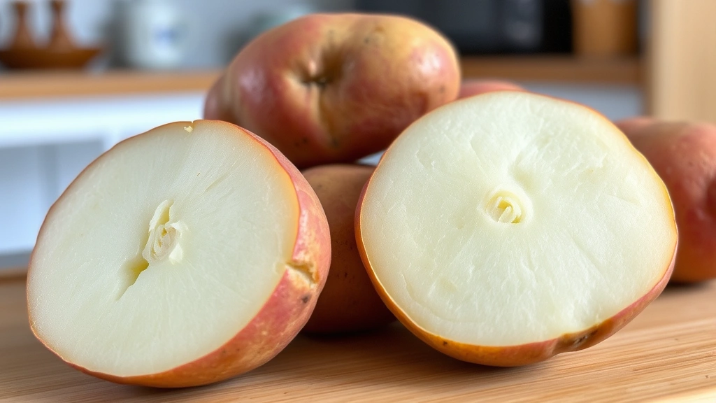 Close-up of raw russet potatoes with reddish-brown skin, whole and halved, showing white interior flesh against a clean kitchen counter with natural lighting