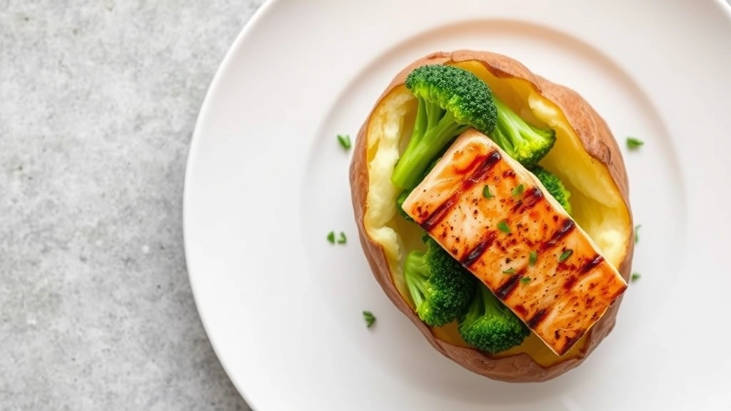 Aerial view of a white plate containing a perfectly baked russet potato with golden-brown skin, topped with steamed broccoli and grilled salmon fillet, garnished with fresh herbs