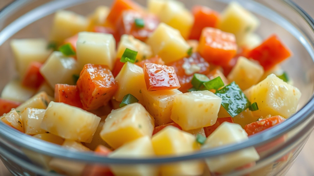 Macro photography of cooled potato salad in a clear glass bowl showing diced russet potatoes mixed with colorful vegetables, vinegar dressing glistening on surface, shallow depth of field