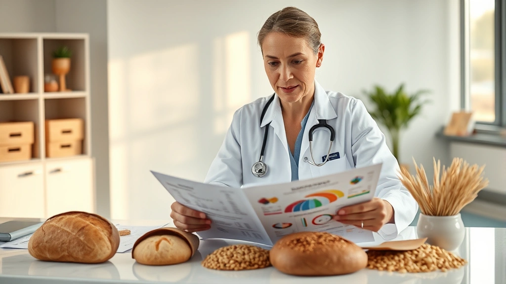 Professional dietitian in white coat reviewing nutrition charts and whole grain samples on modern clinic desk, warm natural lighting, focused analytical expression, whole rye bread loaves and grain kernels visible