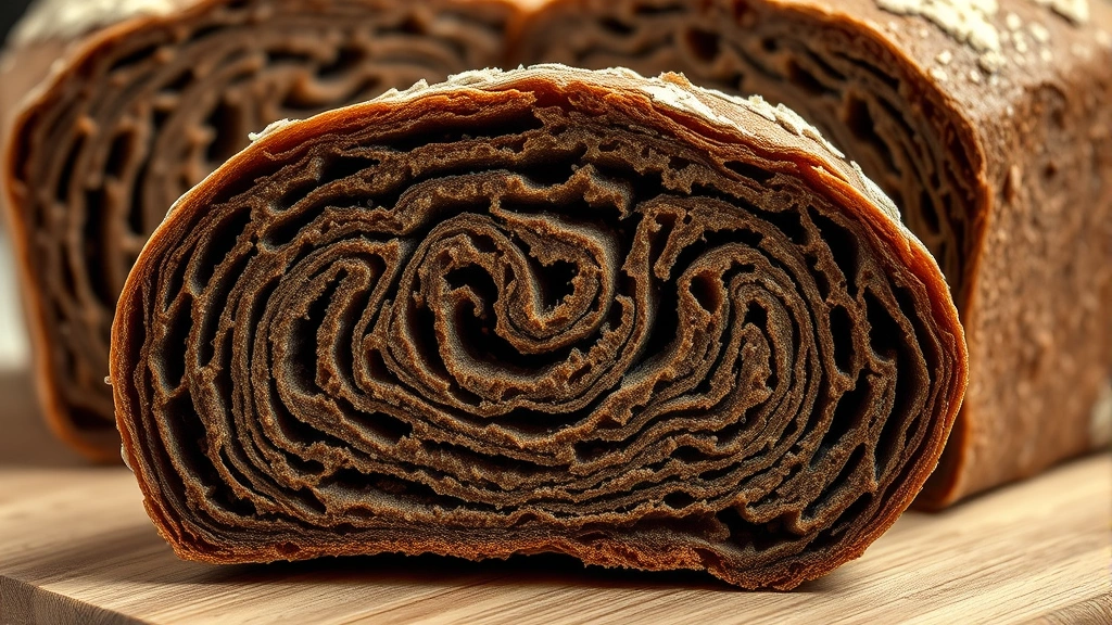 Close-up cross-section of freshly sliced dark rye bread showing dense texture and internal grain structure, artisanal quality, warm studio lighting highlighting fiber content and whole grain composition