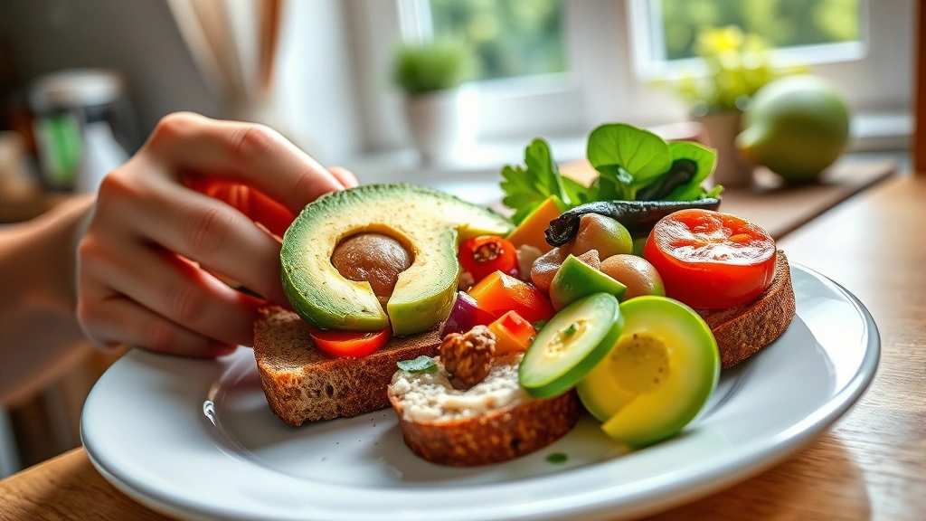 Health-conscious person's breakfast plate featuring sliced rye bread with avocado, fresh vegetables, and protein sources, natural daylight through kitchen window, vibrant colors emphasizing nutritional density and meal composition
