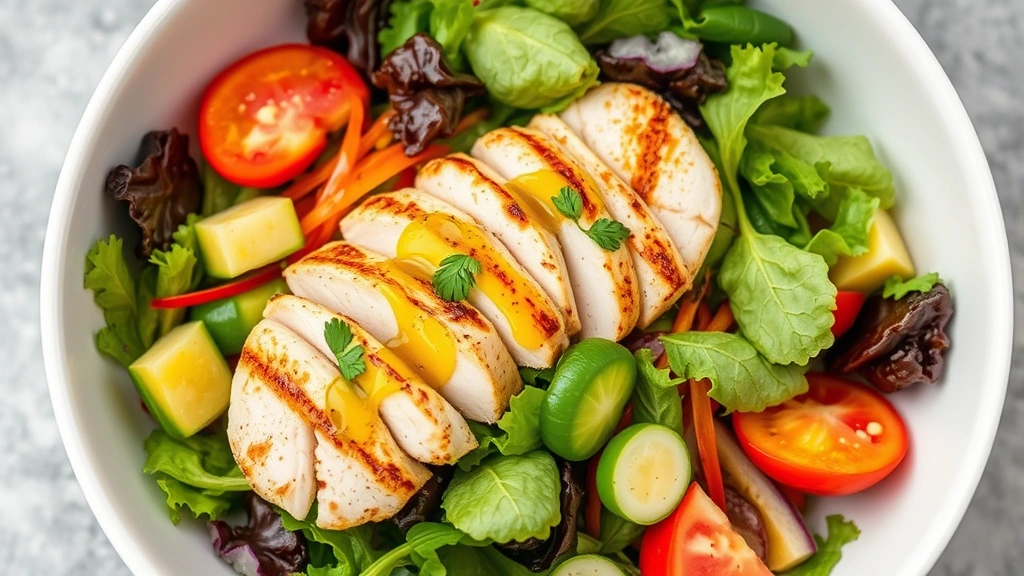 Fresh vibrant salad bowl with mixed greens, colorful vegetables, grilled chicken breast, and olive oil drizzle photographed from above in natural daylight, professional food styling, modern white ceramic bowl