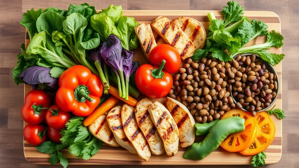 Diverse array of fresh vegetables and protein options displayed on wooden cutting board including leafy greens, bell peppers, tomatoes, grilled chicken, legumes, arranged artistically with soft natural lighting
