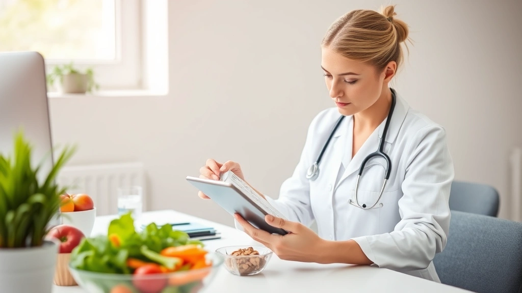 Nutritionist or dietitian reviewing tablet showing meal nutrition data with fresh salad ingredients visible on desk, professional healthcare setting, modern minimalist design, natural window lighting