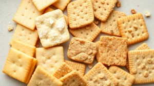 Close-up of various saltine and whole grain crackers arranged on neutral background, showing texture differences and nutritional variety clearly