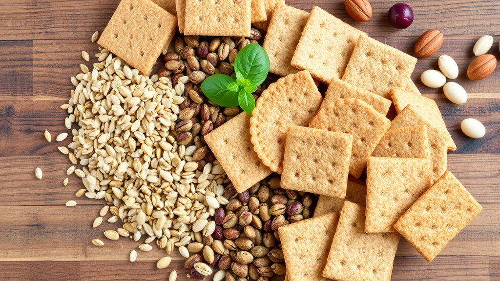 Assorted whole grain crackers and seeds displayed on wooden surface with nutritional variety, healthy toppings like nuts and vegetables nearby
