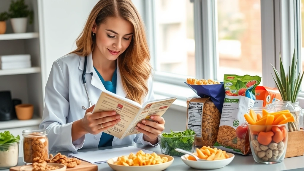Nutritionist reviewing food labels and cracker packages with healthy meal components arranged nearby, focused professional environment