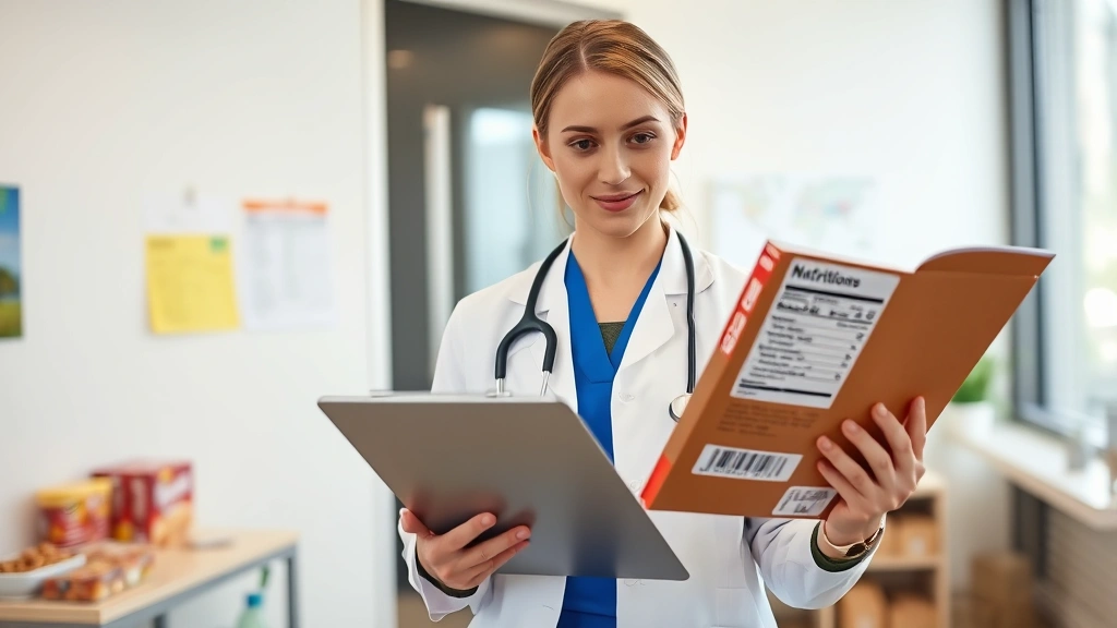 Registered dietitian holding clipboard reviewing nutrition labels on various cracker boxes in modern clinic setting, professional attire, natural lighting, focused expression analyzing food products