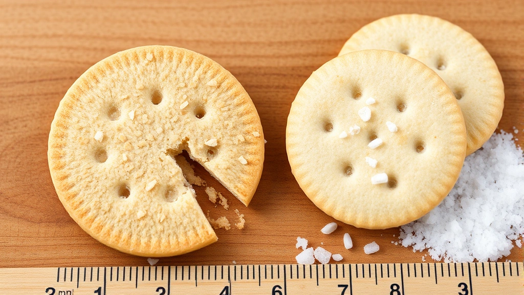 Close-up of whole grain saltine crackers broken in half showing texture and grain structure compared to refined white saltines side-by-side on wooden surface with measuring tape