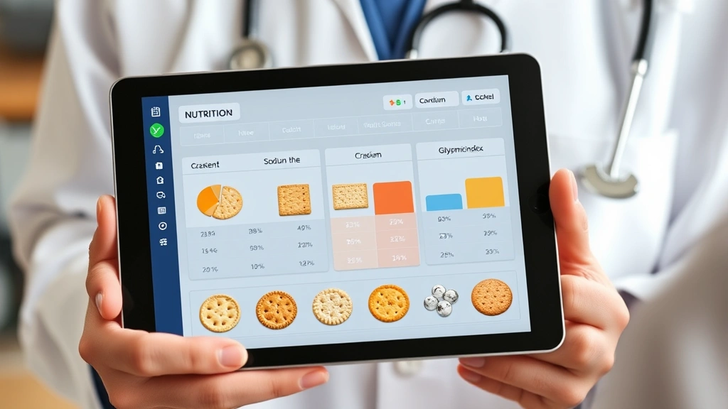 Digital nutrition analysis dashboard displaying sodium content, fiber percentages, and glycemic index comparisons between different cracker types on tablet screen held by healthcare professional