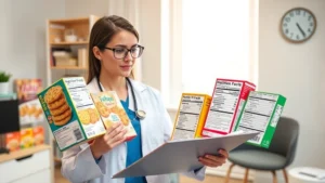 Registered dietitian reviewing nutritional labels on various cracker boxes in a modern clinic office, holding clipboard with nutrition facts, professional healthcare setting with natural lighting