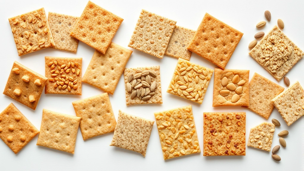 Overhead flat lay of different cracker types arranged on white surface: whole grain crackers, seed-based crackers, saltines, and legume crackers with visible texture differences and nutritional variety