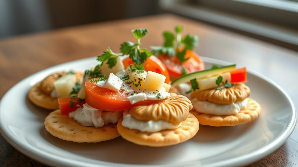 Close-up of balanced snack plate featuring saltine crackers topped with hummus, cheese, fresh vegetables, and herbs on minimalist white ceramic plate with soft natural window light