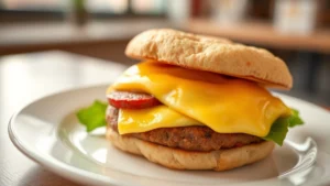 Professional food photography of a Sausage Egg McMuffin breakfast sandwich on a clean white plate, warm morning lighting, fresh English muffin visible, professional restaurant quality, nutritional focus