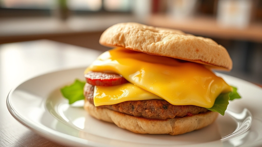 Professional food photography of a Sausage Egg McMuffin breakfast sandwich on a clean white plate, warm morning lighting, fresh English muffin visible, professional restaurant quality, nutritional focus
