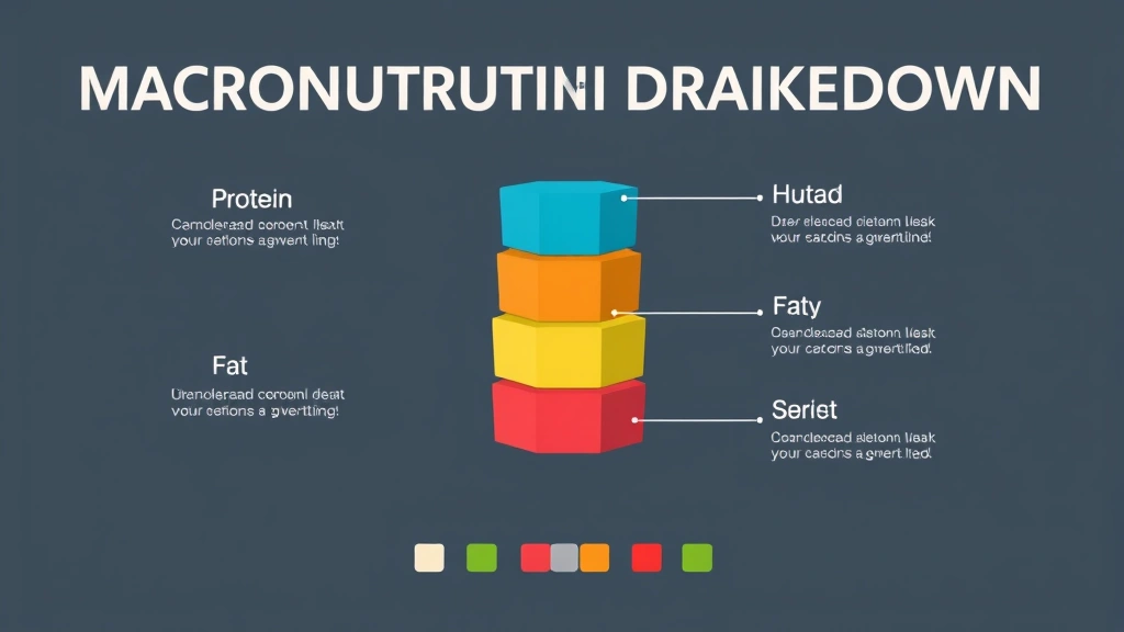 Colorful infographic visualization showing macronutrient breakdown with protein, fat, and carbohydrate proportions as stacked bars, clean modern design, no text overlays, neutral background, dietary analysis style