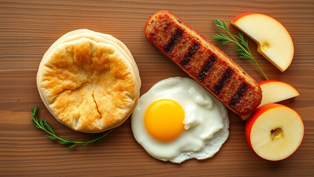 Overhead flat lay of breakfast components arranged artfully: English muffin, sausage patty, egg, cheese slice, apple slices on wooden surface, natural morning light, healthy nutrition context, professional food styling