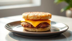 Professional food photography of a Sausage McMuffin breakfast sandwich on a modern plate with natural morning light, showing texture detail of sausage patty, melted cheese, and English muffin layers, minimalist background