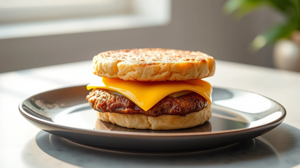 Professional food photography of a Sausage McMuffin breakfast sandwich on a modern plate with natural morning light, showing texture detail of sausage patty, melted cheese, and English muffin layers, minimalist background