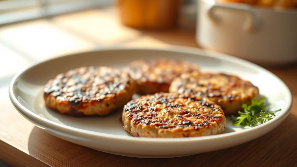 Close-up of cooked breakfast sausage patties on a white ceramic plate with morning sunlight creating warm shadows, photorealistic food photography style, professional kitchen setting, no text or labels visible