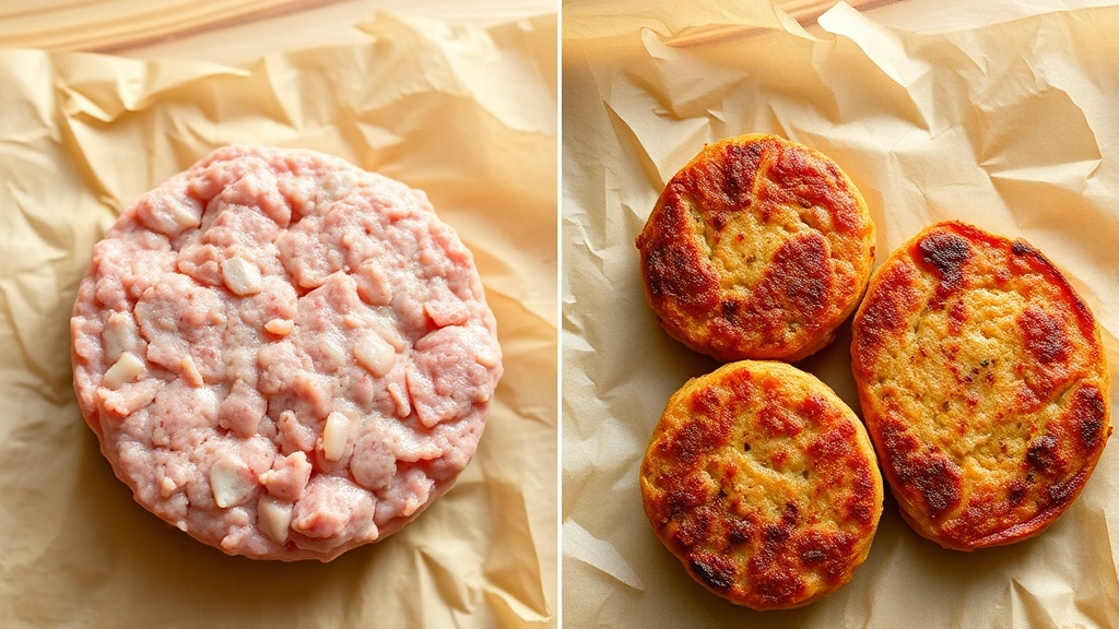 Split-screen comparison showing raw pork sausage patties next to cooked golden-brown patties on butcher paper, natural lighting, detailed texture focus, no nutritional information or text overlays