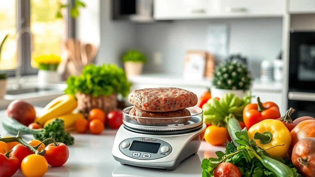 Nutritionist's workspace with sausage patty on measurement scale, fresh vegetables and fruits surrounding it, clean modern kitchen counter, morning light filtering through window, photorealistic detail, no charts or text visible