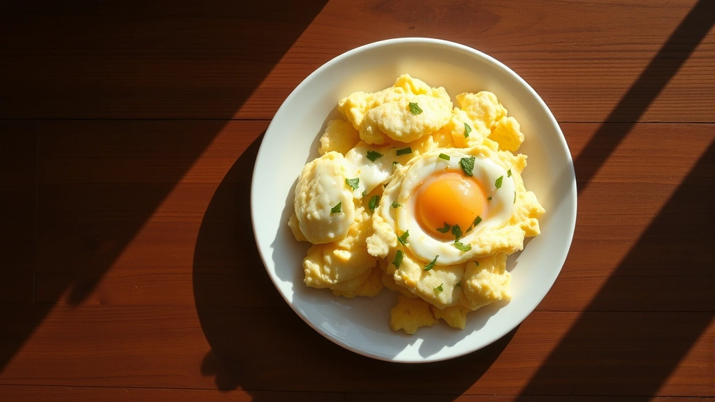 Overhead view of fluffy scrambled eggs on a white plate with fresh herbs, sunlight streaming across wooden table, warm morning aesthetic, no text or labels visible