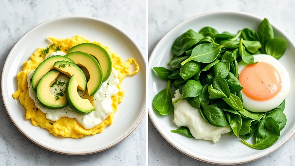 Split-screen comparison showing scrambled eggs with avocado slices on one side and eggs with spinach on the other, natural lighting, vibrant greens, professional food photography style