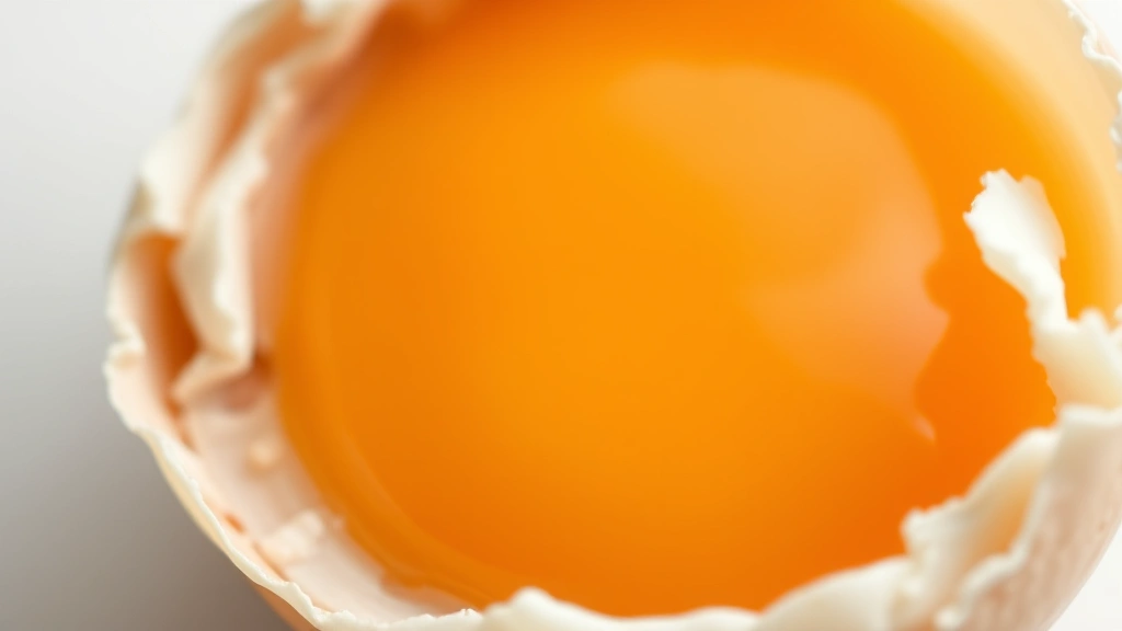 Close-up macro photography of a fresh cracked egg showing yolk and white detail, shallow depth of field, clean white background, scientific clarity without any text