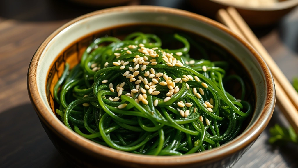 Close-up of vibrant green wakame seaweed salad in a ceramic bowl with sesame seeds scattered on top, natural lighting, minimalist Japanese table setting, high-quality food photography, no text or labels visible