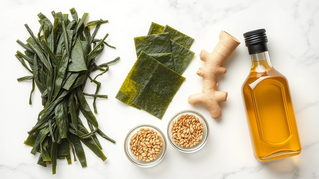 Flat lay composition showing dried wakame seaweed sheets, fresh ginger root, sesame seeds in small glass bowls, and a bottle of sesame oil on white marble surface, professional food styling, natural daylight, no visible text