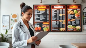 Professional dietitian holding clipboard reviewing colorful fast-casual restaurant menu board with calorie information displayed, modern minimalist office setting with healthy food charts on walls