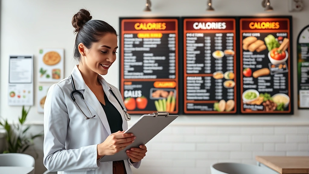 Professional dietitian holding clipboard reviewing colorful fast-casual restaurant menu board with calorie information displayed, modern minimalist office setting with healthy food charts on walls