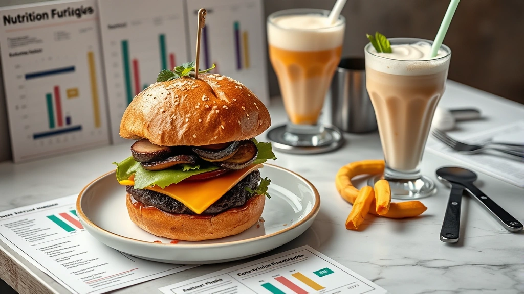 Artfully arranged gourmet burger and frozen custard shake on premium ceramic plates with nutritional analysis charts and measuring tools, soft natural lighting highlighting food textures