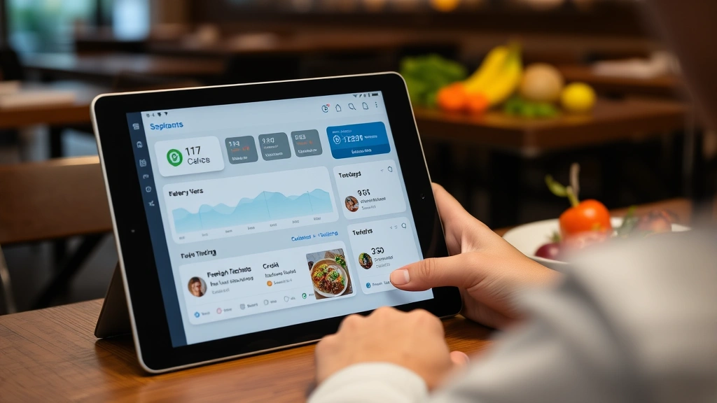 Digital wellness dashboard on tablet screen showing calorie tracking app with restaurant meals logged, person making conscious food choices at dining table with fresh ingredients visible