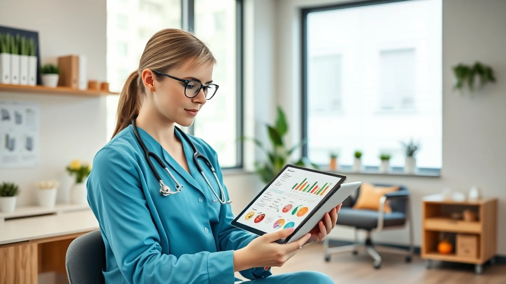 Professional dietitian in modern healthcare office reviewing colorful nutrition charts and food data on tablet, bright natural lighting, contemporary medical setting with wellness focus